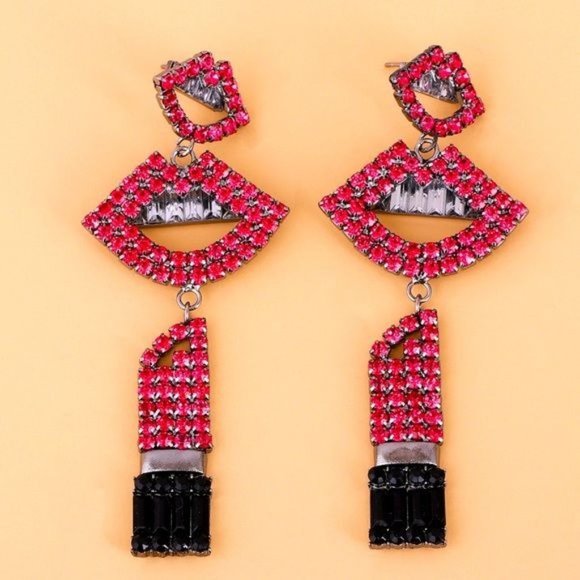 SOLD OUT💔Callie LIPS: GLOSSED & Dangling Red & Pink Jeweled Rhinestone Earrings - Picture 2 of 7